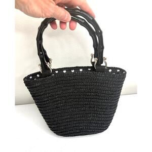 St. John's Bay Woven Straw Tote Handbag Bamboo Style Handles Black Beach Resort